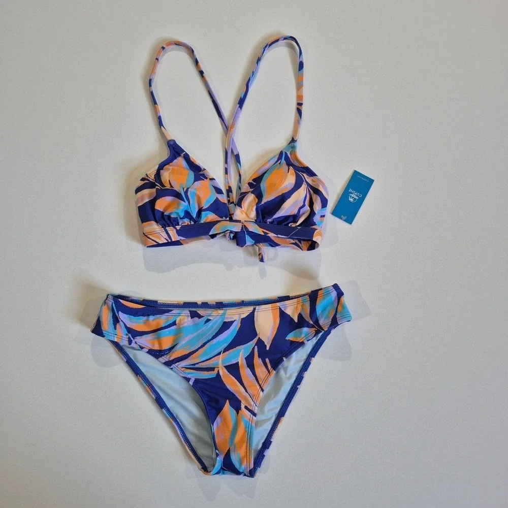 Cupshe Womens Tropical‎ Leaf Print Bikini Set Navy Orange Size S New With Tags